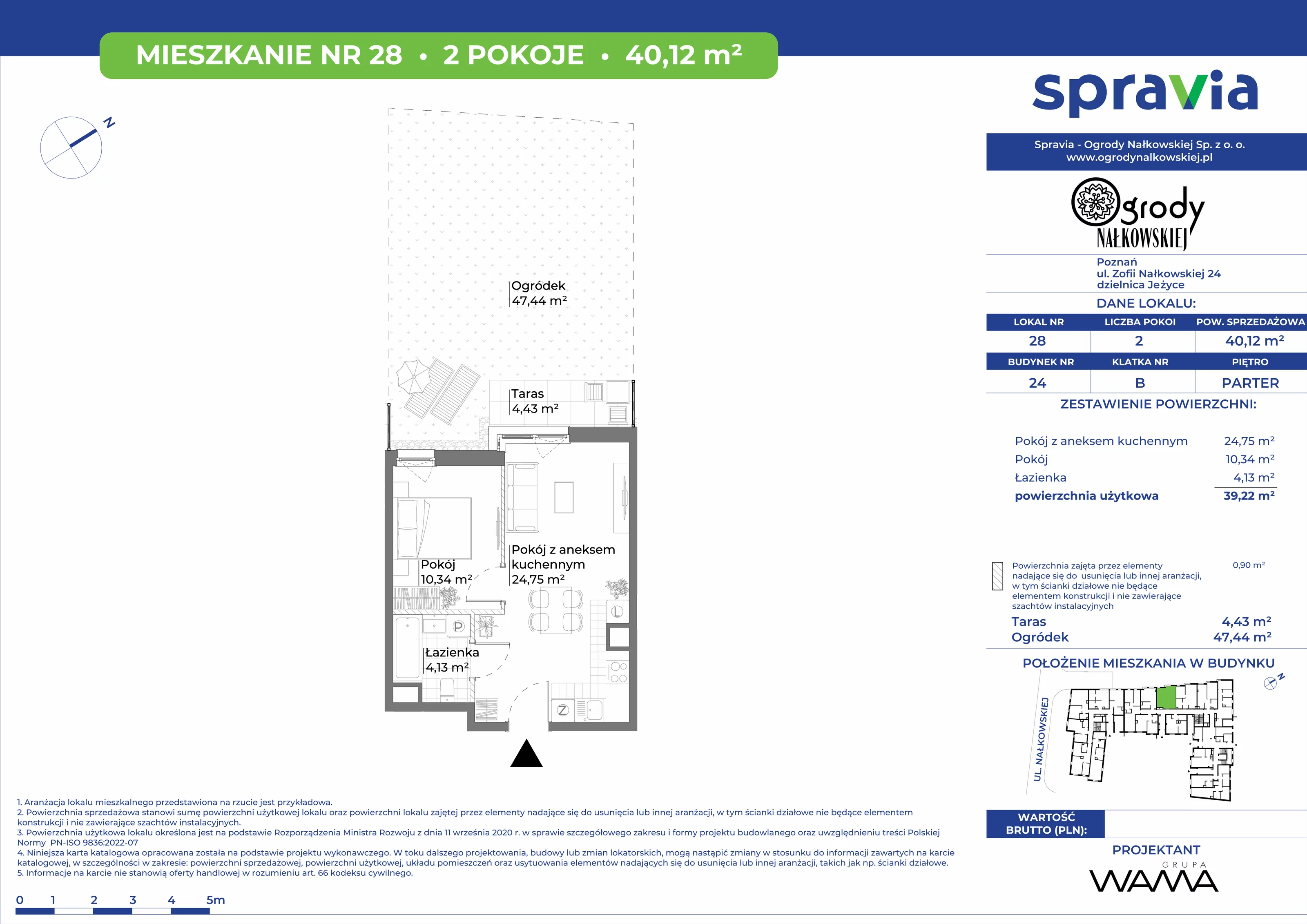 2 pokoje, mieszkanie 40,12 m², parter, oferta nr 24-28, Ogrody Nałkowskiej, Poznań, Ogrody, ul. Nałkowskiej 24, 26